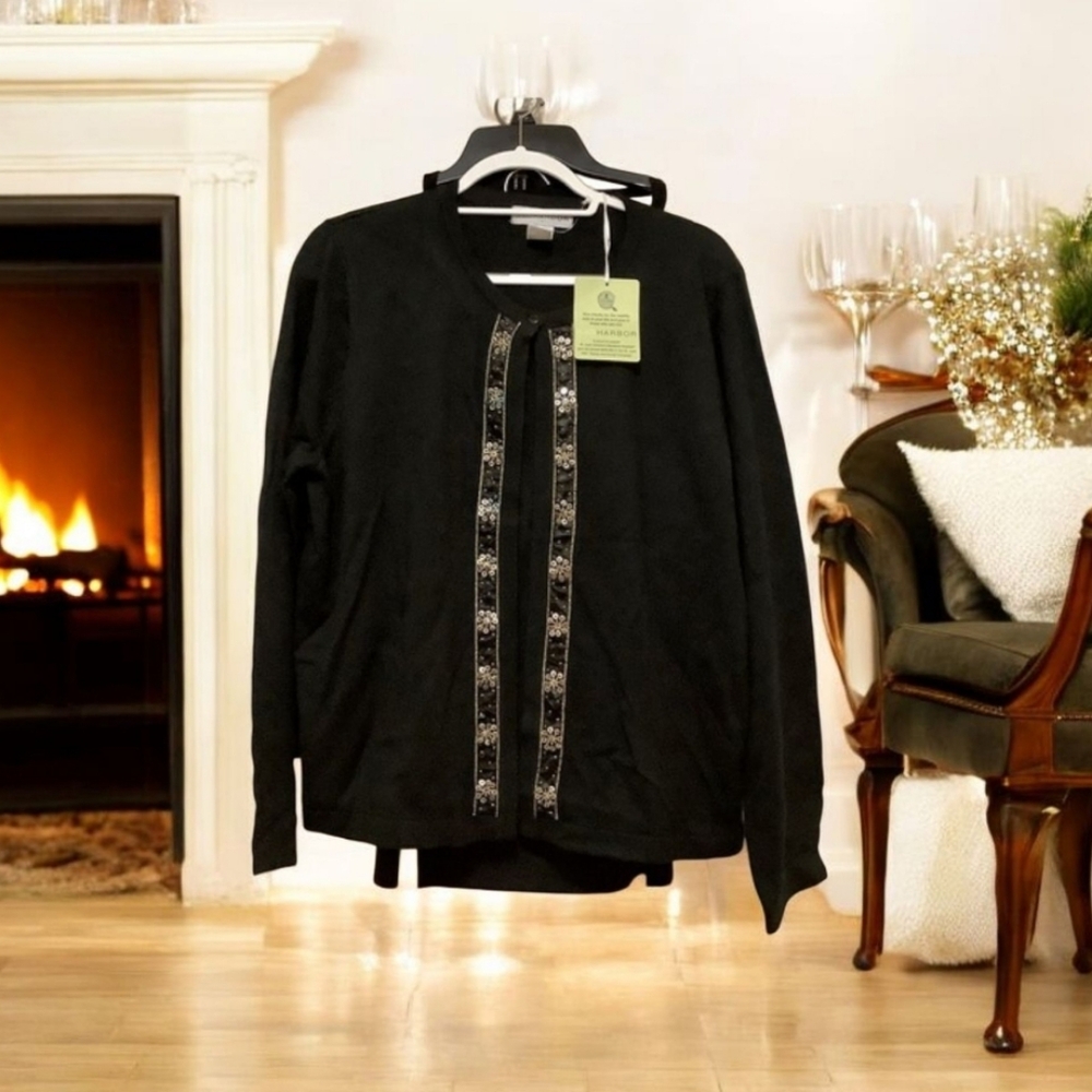Sequin Cardigan w/ built in matching shirt Holiday black &/gold & silver XL